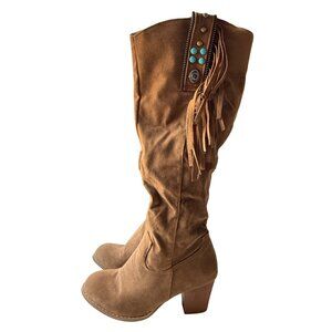 Tall Boho Fringe Western Boots Womens Tan Faux Suede Turquoise Stud Slim Calf